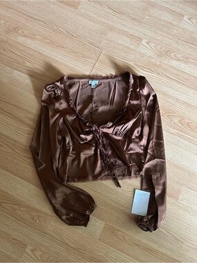 NWT Love, Fire Brown Satin Lace Trim Open Tie Blouse Medium